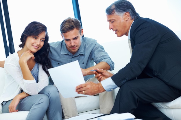 happy couple broker paperwork house mortgage investment financial advisor woman man consultant insurance agency with cover agreement consultation wealth planning 590464 439328
